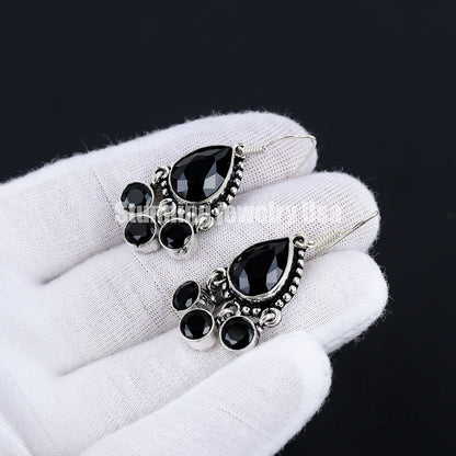 Black Spinel Pear Cut Silver Earrings