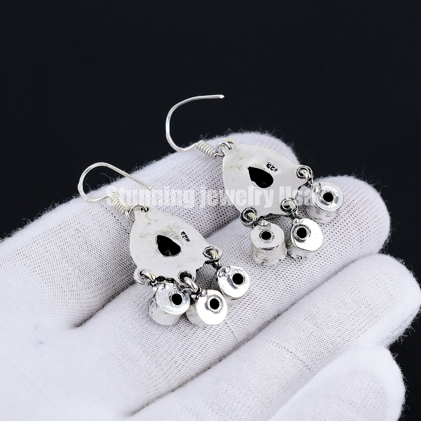 Black Spinel Pear Cut Silver Earrings