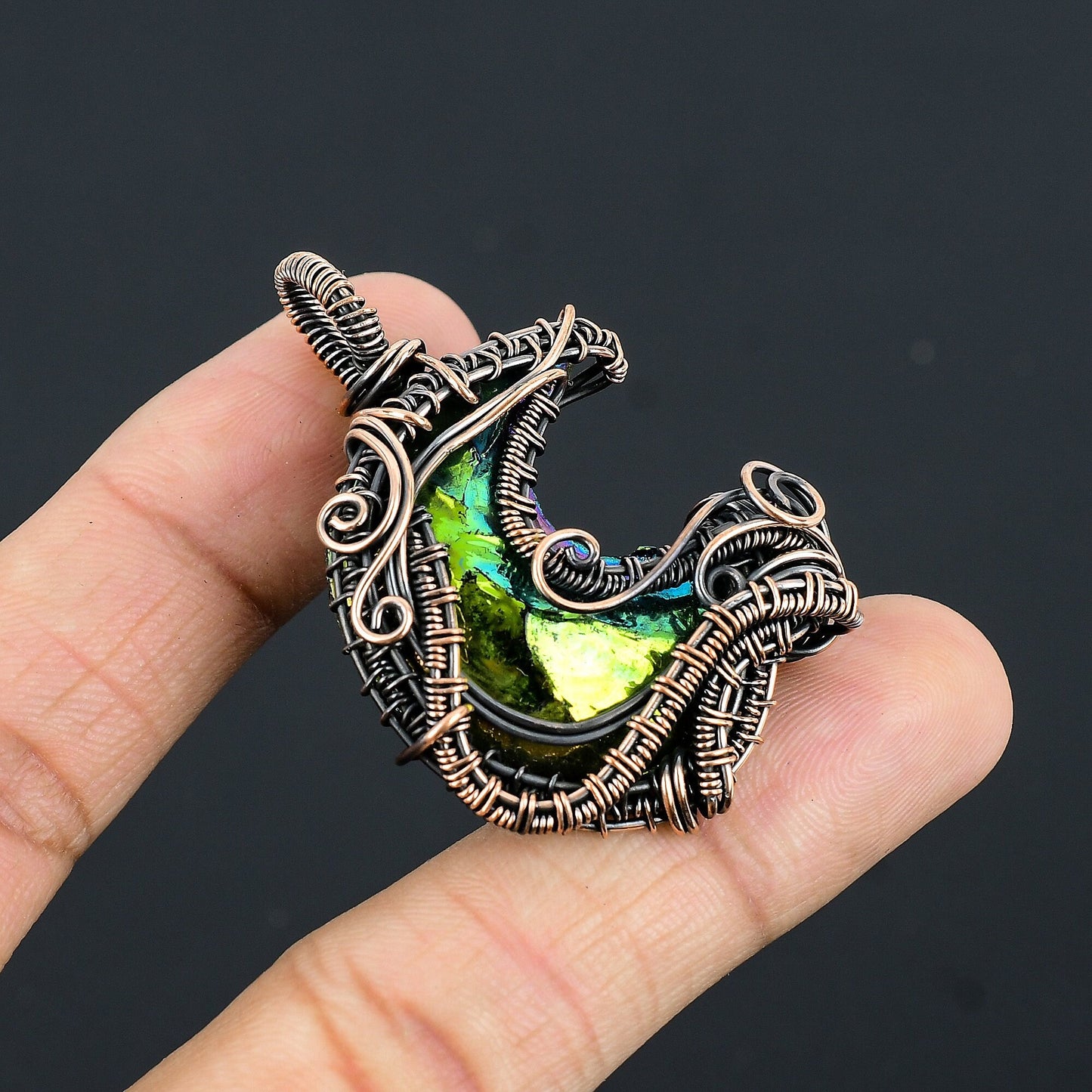 Peacock Aura Druzy Gemstone Crescent Moon Pendant