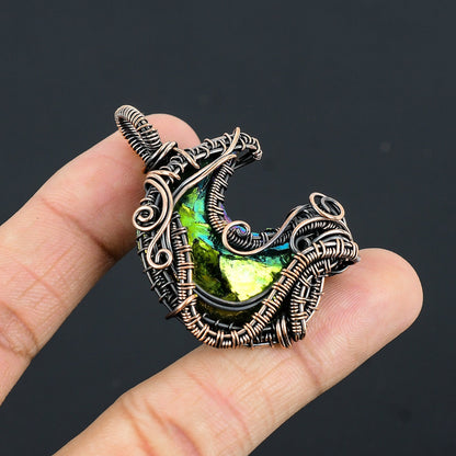 Peacock Aura Druzy Gemstone Crescent Moon Pendant