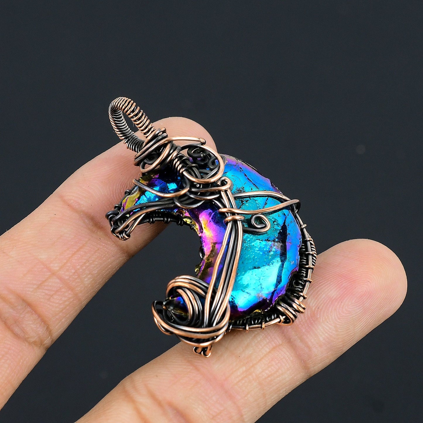 Peacock Aura Druzy Gemstone Crescent Moon Pendant