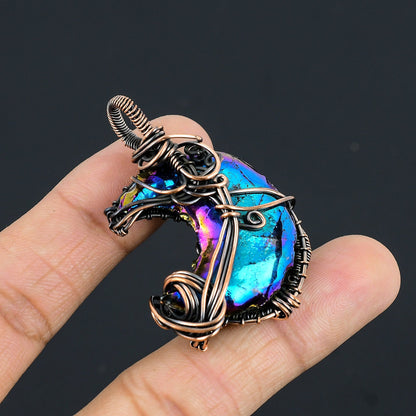 Peacock Aura Druzy Gemstone Crescent Moon Pendant