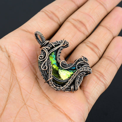 Peacock Aura Druzy Gemstone Crescent Moon Pendant