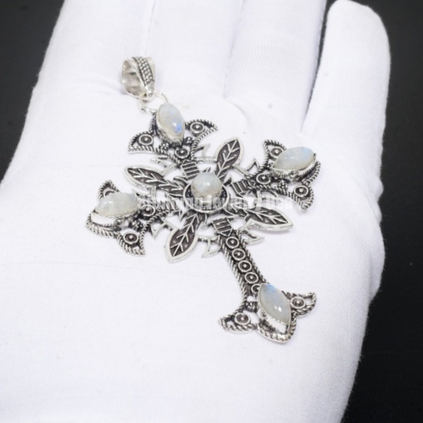 Rainbow Moonstone Gemstone Sterling Silver Cross Pendant