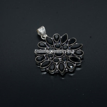 Black Spinel Gemstone Flower Pendant