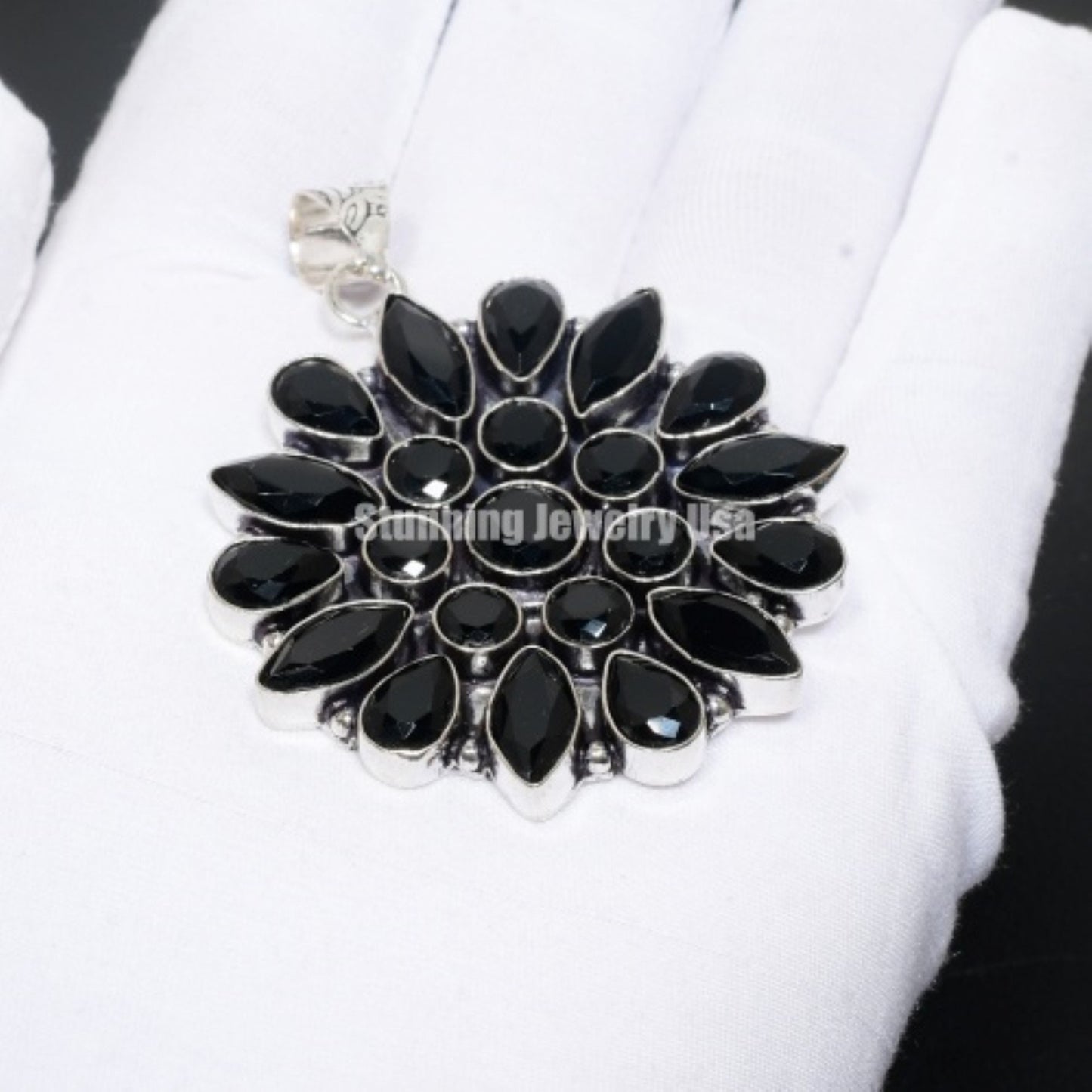 Black Spinel Gemstone Flower Pendant