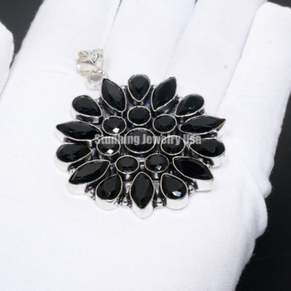 Black Spinel Gemstone Flower Pendant