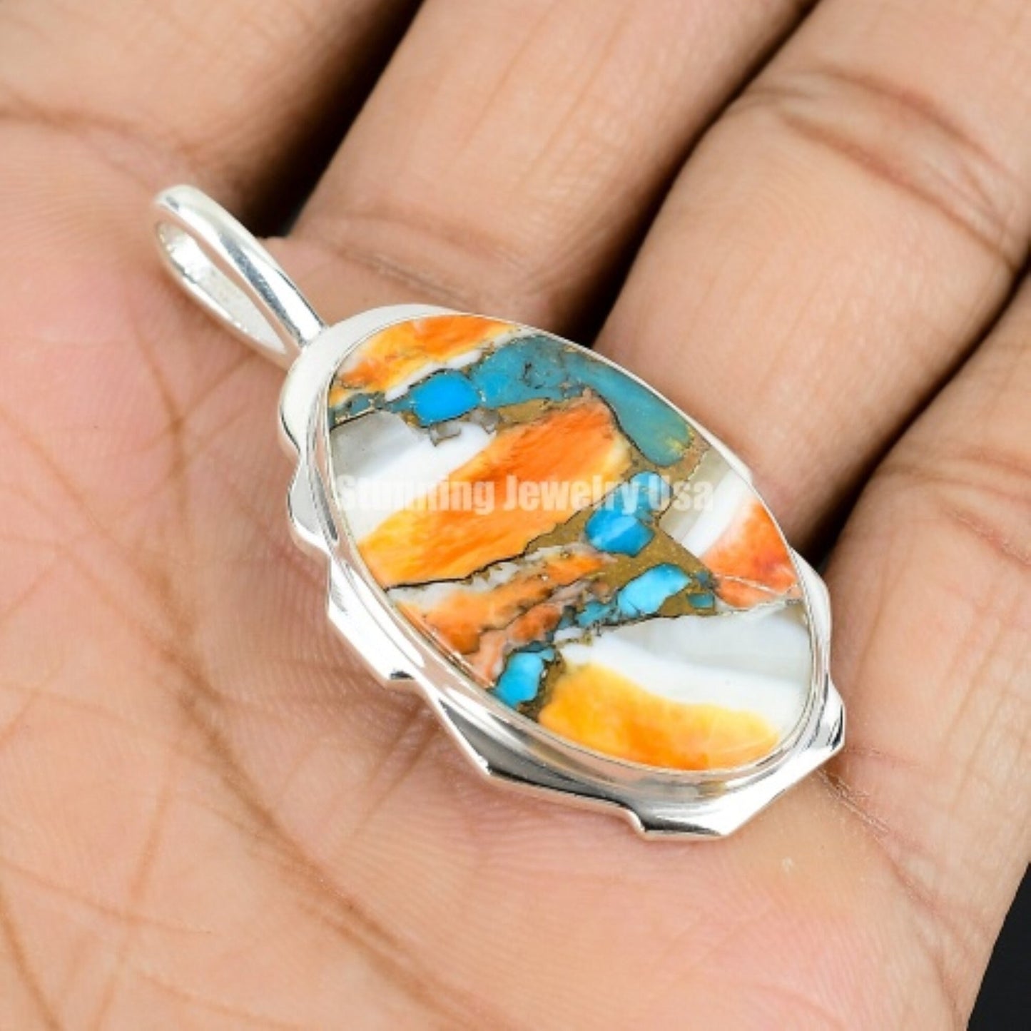 Orange Spiny Oyster Turquoise Gemstone Pendant
