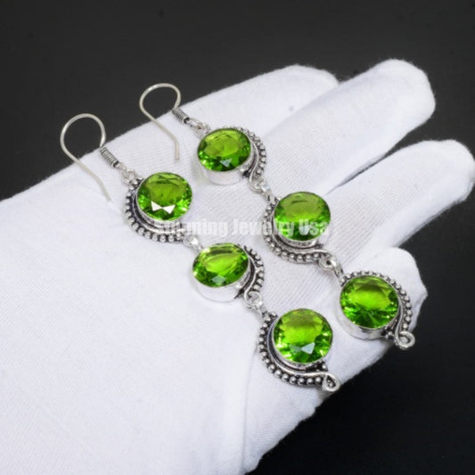 Green Peridot Gemstone Sterling Silver Earrings