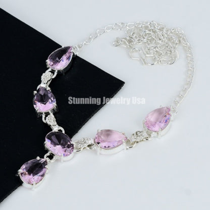 Pink Kunzite Gemstone Sterling Silver Necklace