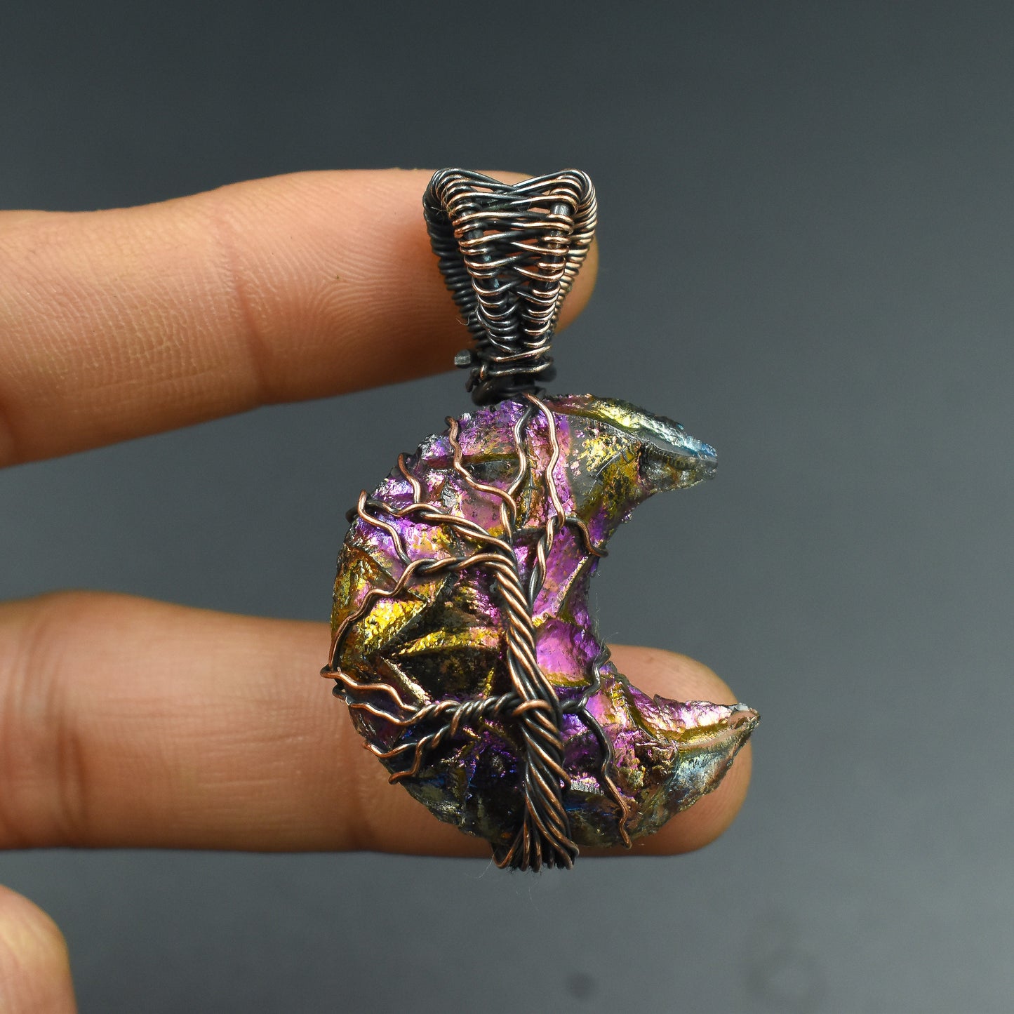 Peacock Aura Druzy Gemstone Tree of Life Moon Pendant