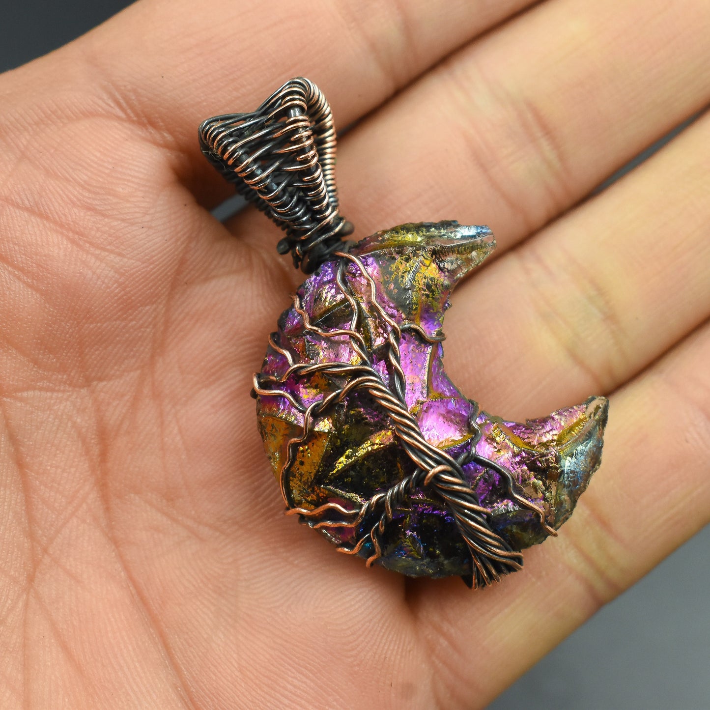 Peacock Aura Druzy Gemstone Tree of Life Moon Pendant
