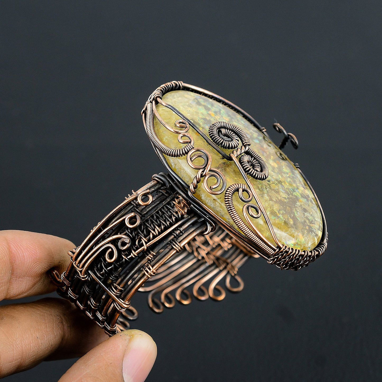 White Ethiopian Opal Gemstone Copper Cuff Bracelet