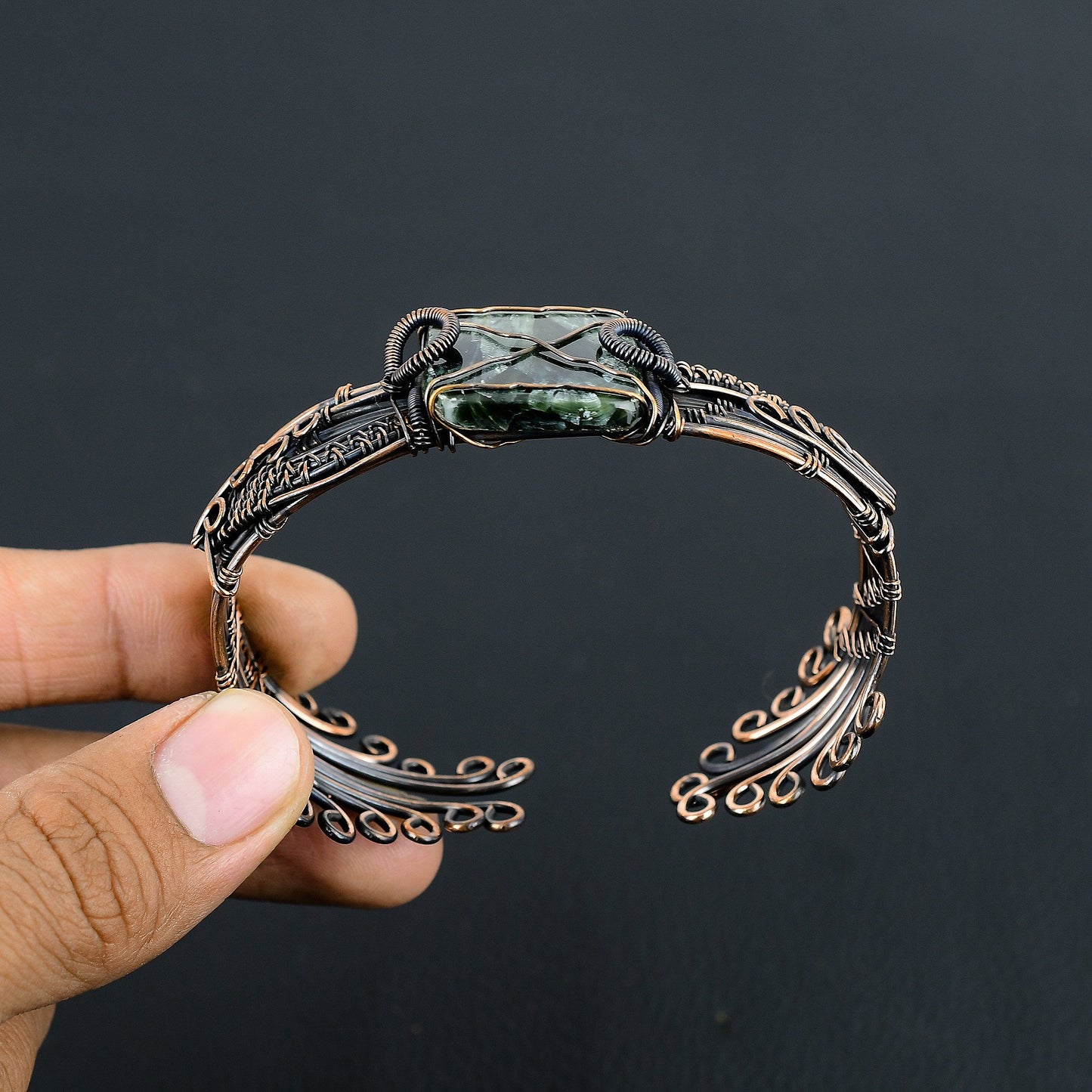 Green Seraphinite Gemstone Copper Cuff Bracelet