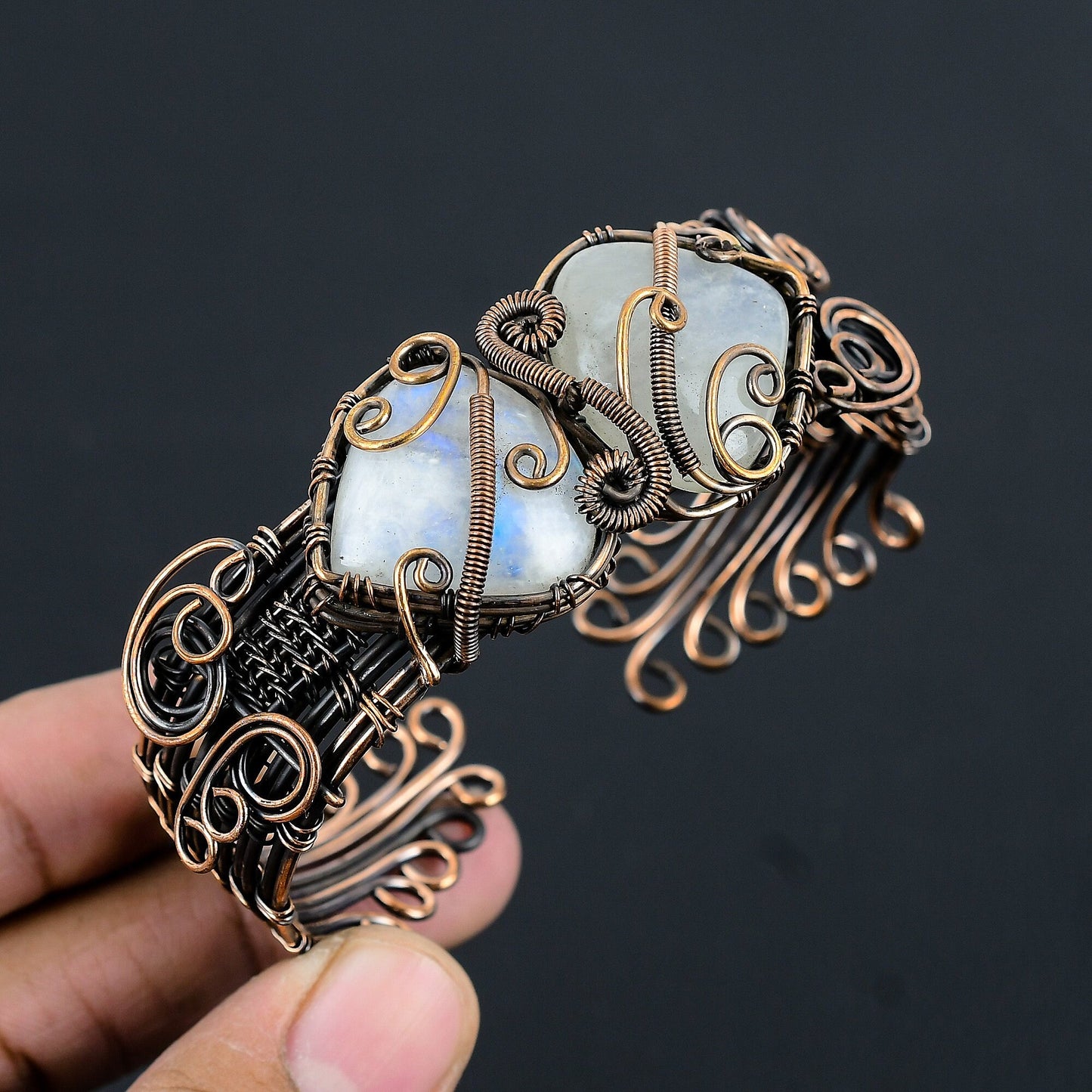 Rainbow Moonstone Gemstone Wire Cuff Bracelet