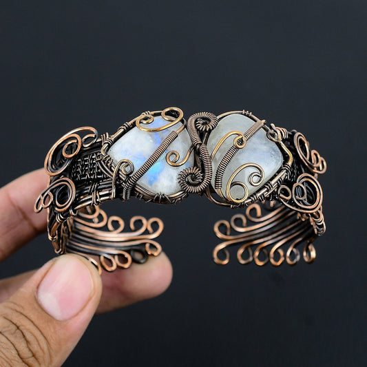 Rainbow Moonstone Gemstone Wire Cuff Bracelet