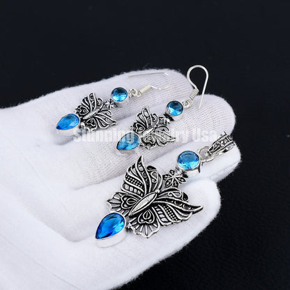 Swiss Blue Topaz Gemstone Earring & Pendant Set