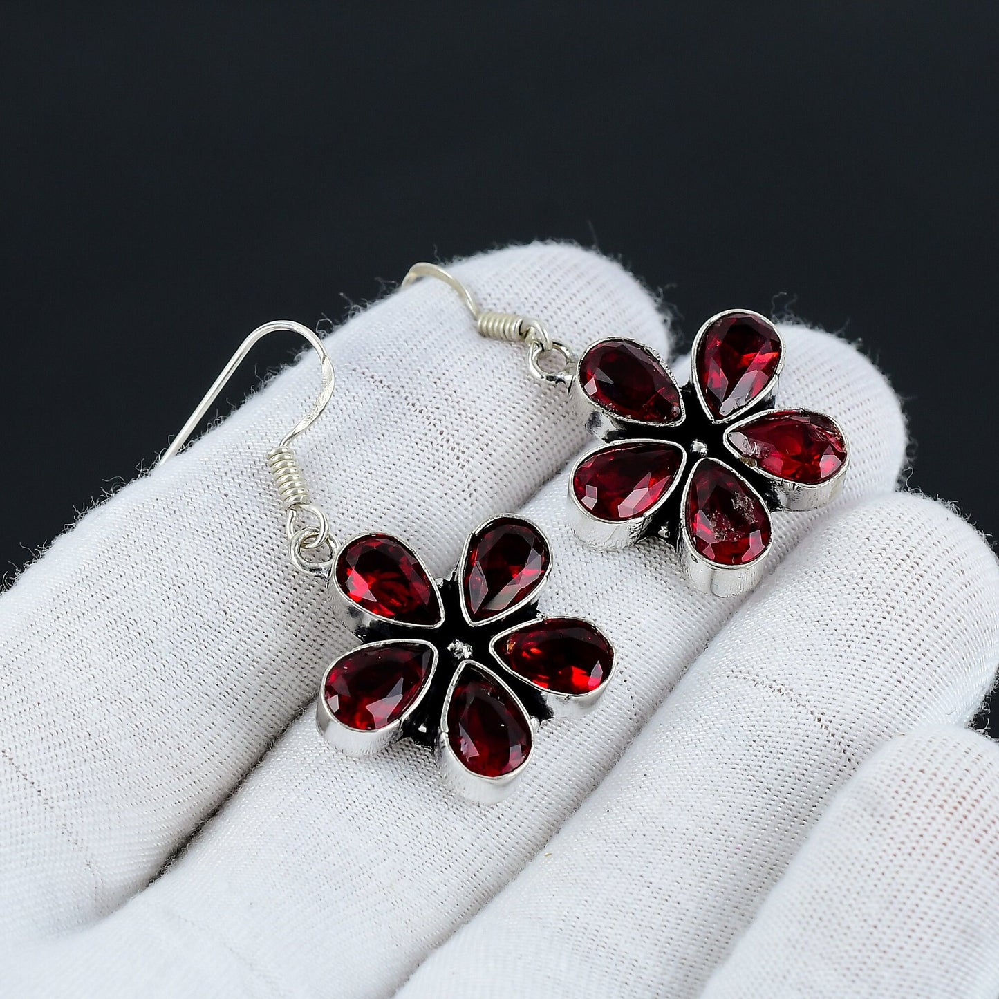 Red Garnet Flower Sterling Silver Earrings