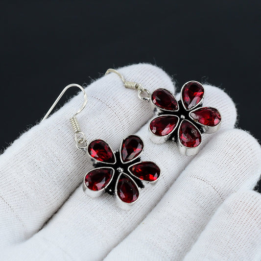 Red Garnet Flower Sterling Silver Earrings