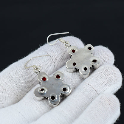 Red Garnet Flower Sterling Silver Earrings
