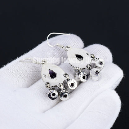 Purple Amethyst Gemstone Silver Earrings