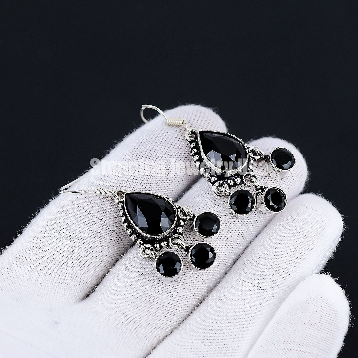 Black Spinel Pear Cut Silver Earrings
