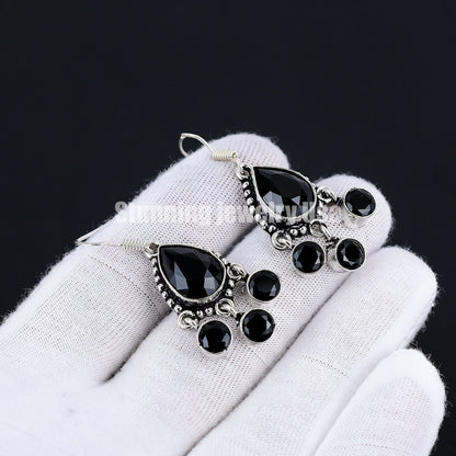 Black Spinel Pear Cut Silver Earrings
