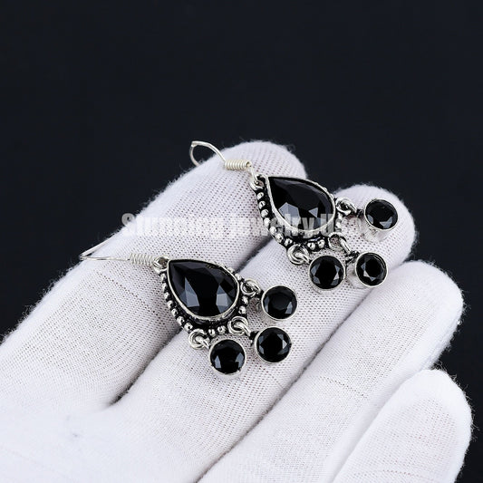Black Spinel Pear Cut Silver Earrings