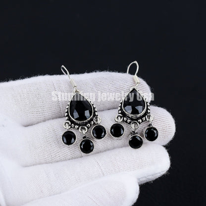 Black Spinel Pear Cut Silver Earrings