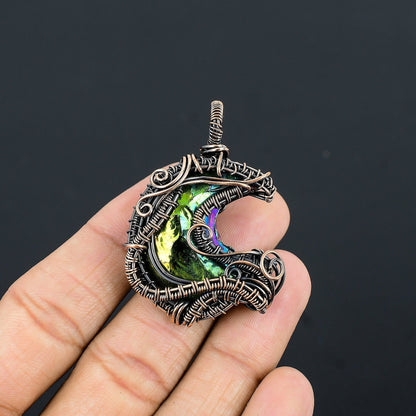Peacock Aura Druzy Gemstone Crescent Moon Pendant