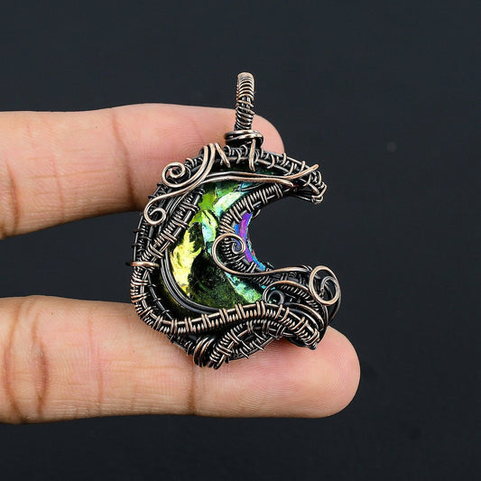 Peacock Aura Druzy Gemstone Crescent Moon Pendant