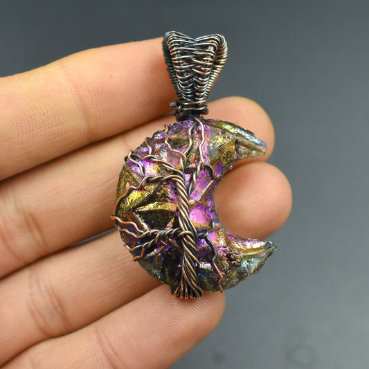 Peacock Aura Druzy Gemstone Tree of Life Moon Pendant