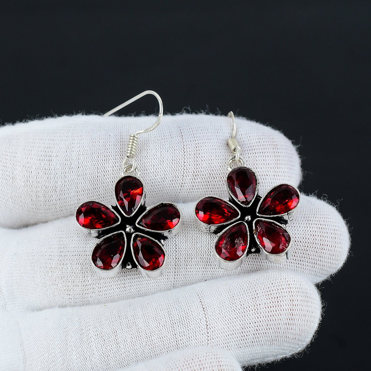 Red Garnet Flower Sterling Silver Earrings