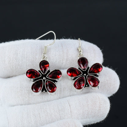 Red Garnet Flower Sterling Silver Earrings