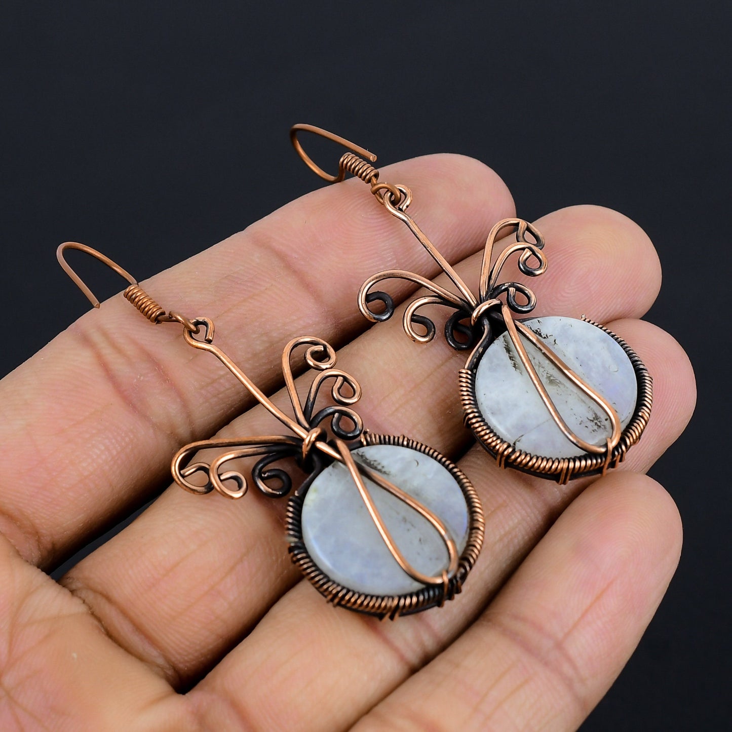Rainbow Moonstone Gemstone Copper Earrings