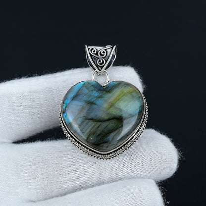 Blue-Green Labradorite Gemstone Heart Pendant