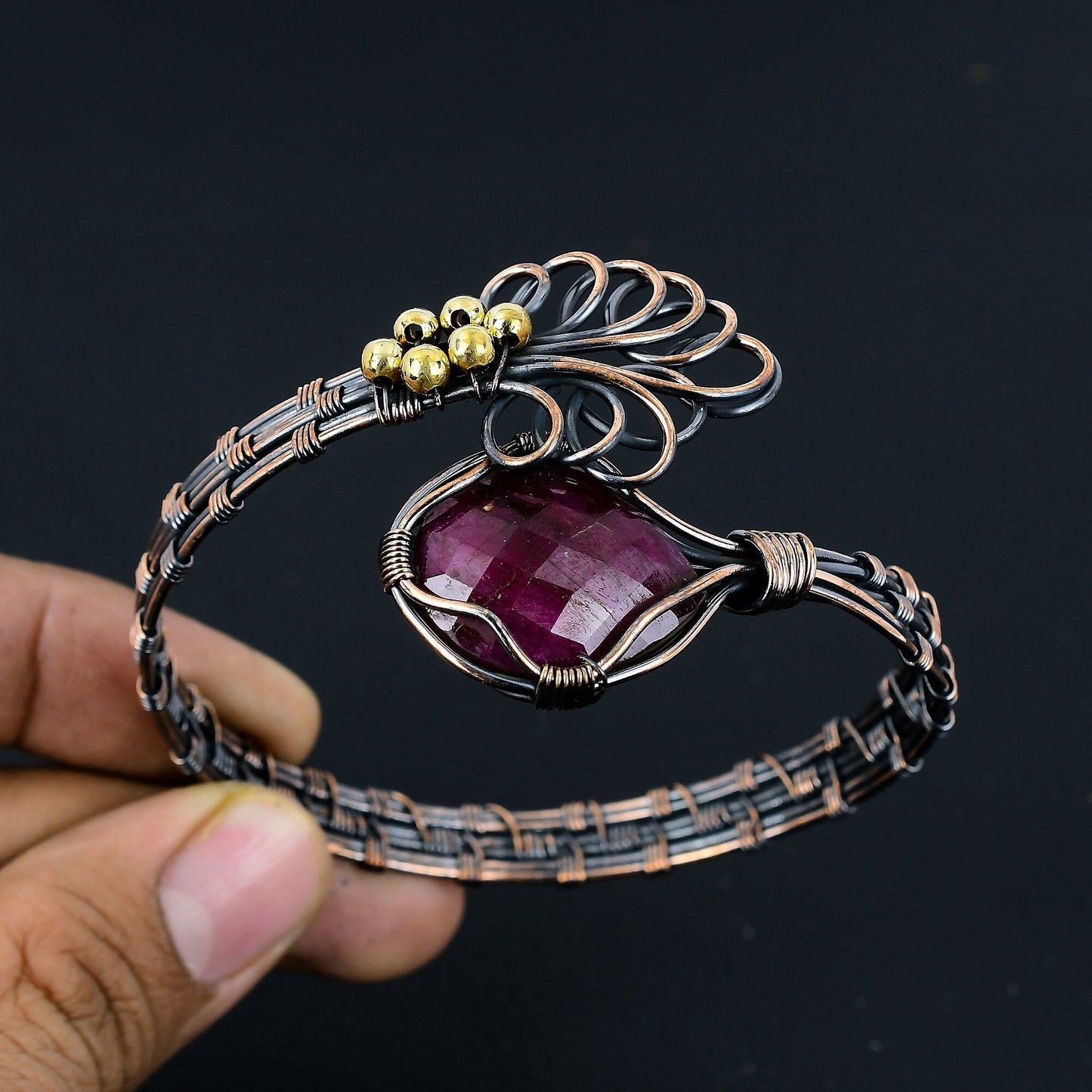 Red Ruby Gemstone Copper Cuff Bracelet