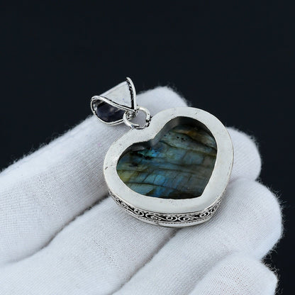 Blue-Green Labradorite Gemstone Heart Pendant