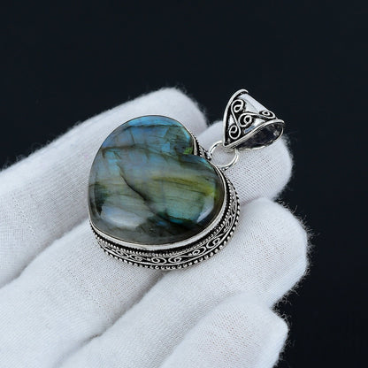 Blue-Green Labradorite Gemstone Heart Pendant