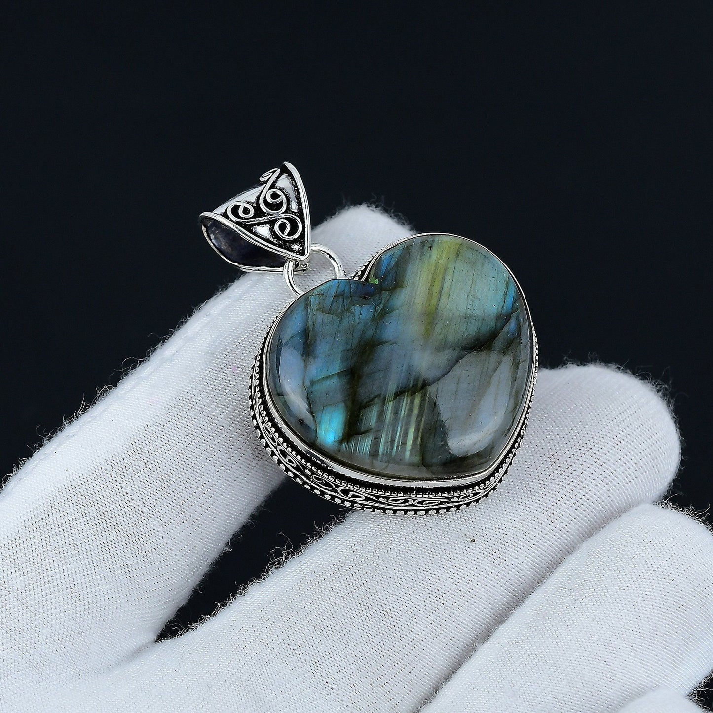 Blue-Green Labradorite Gemstone Heart Pendant