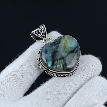 Blue-Green Labradorite Gemstone Heart Pendant