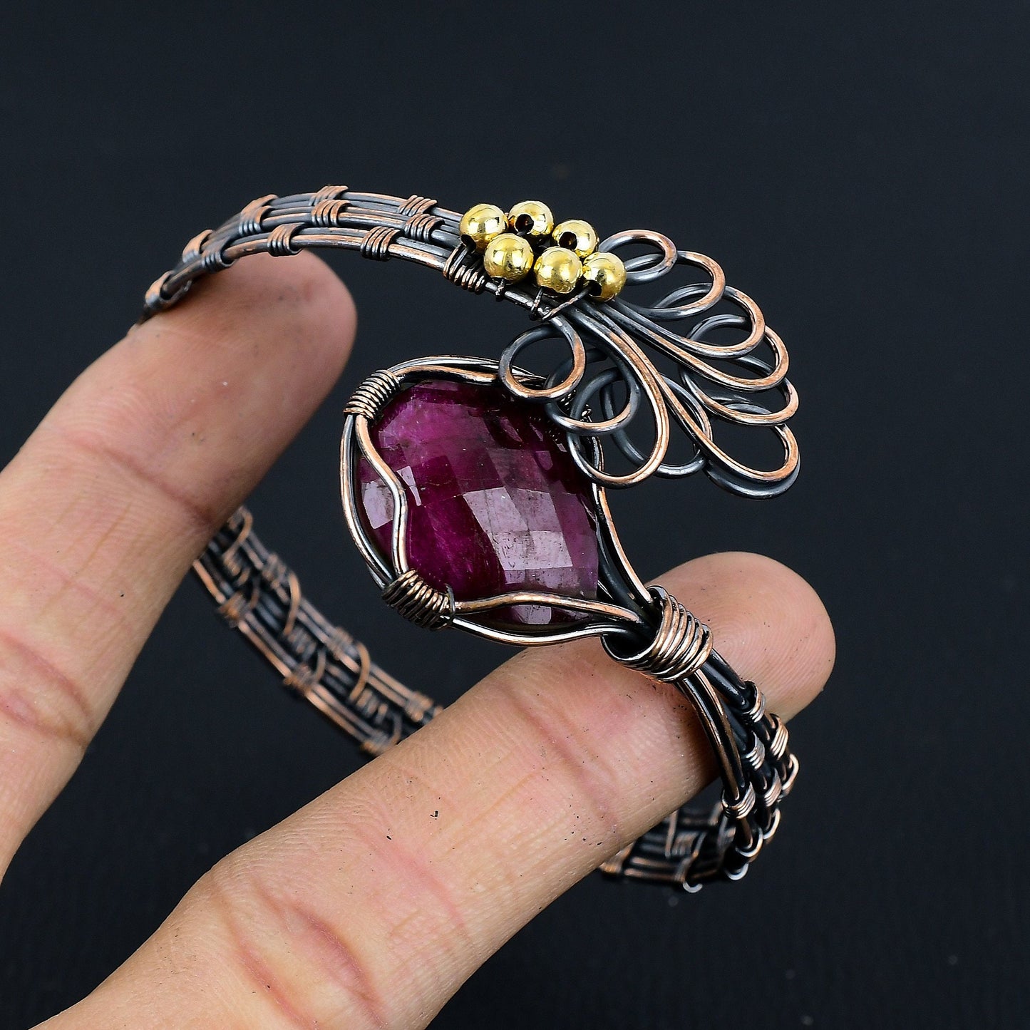 Red Ruby Gemstone Copper Cuff Bracelet