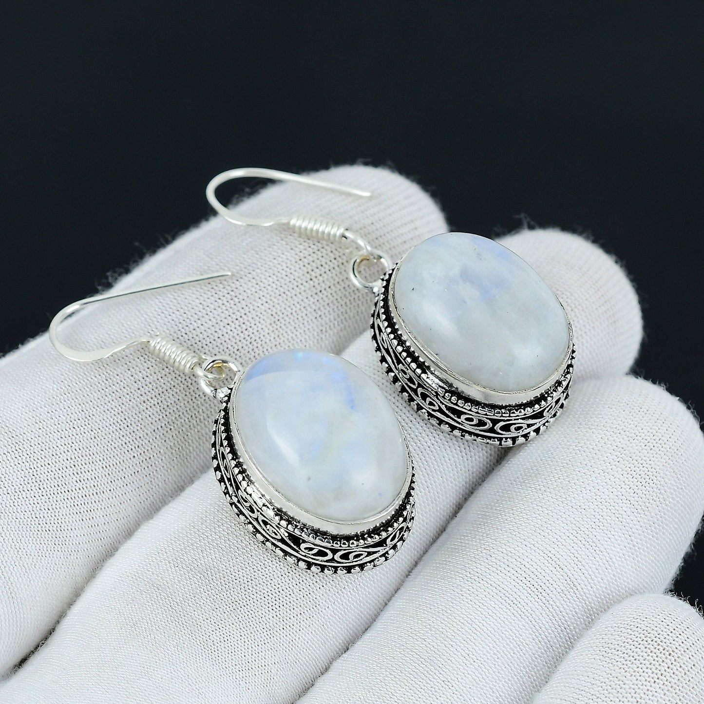 Rainbow Moonstone Gemstone Sterling Silver Earrings