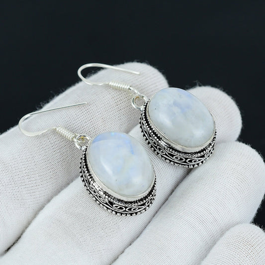 Rainbow Moonstone Gemstone Sterling Silver Earrings