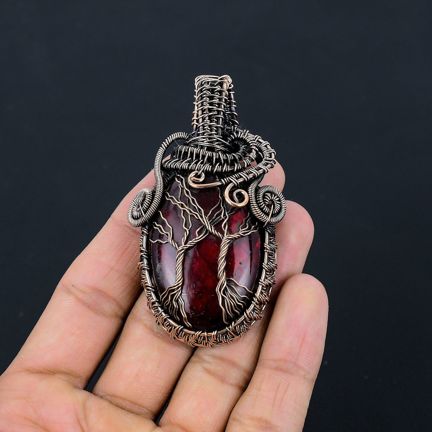 Red Flash Labradorite Gemstone Double Tree of Life Pendant