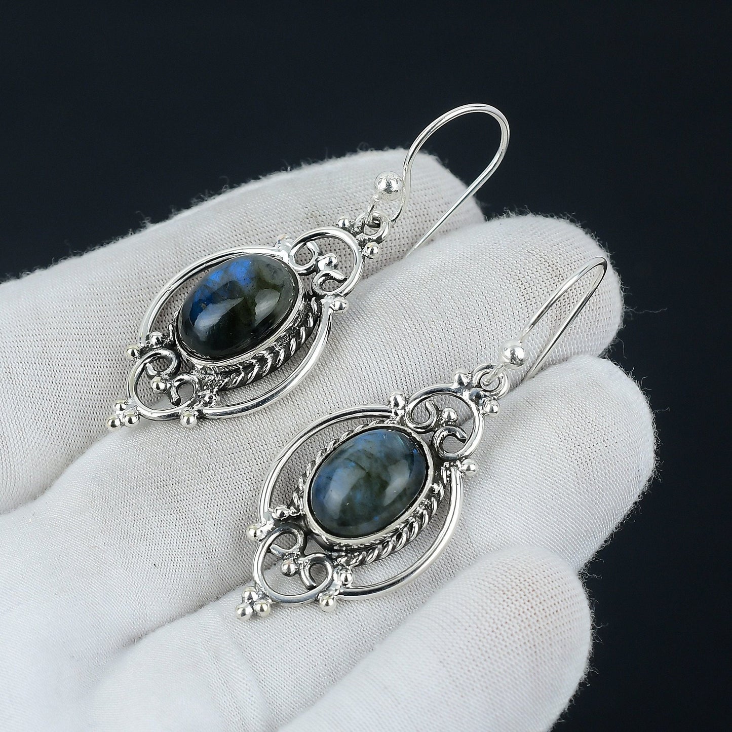 Iridescent Labradorite Silver Dangle Earrings
