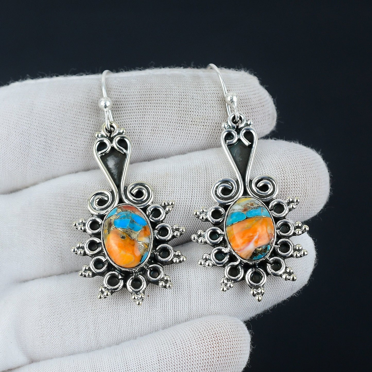Orange Spiny Oyster Gemstone Earrings
