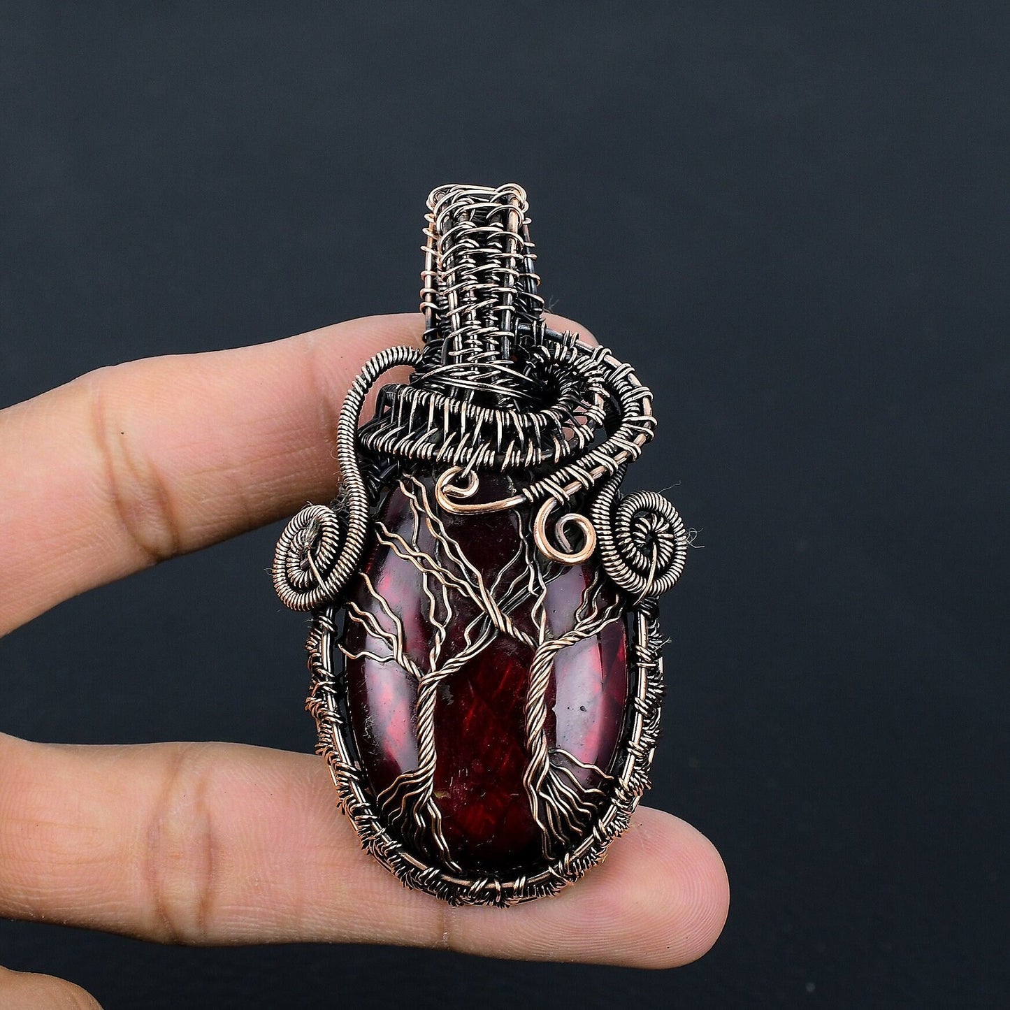 Red Flash Labradorite Gemstone Double Tree of Life Pendant