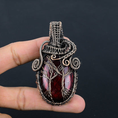 Red Flash Labradorite Gemstone Double Tree of Life Pendant