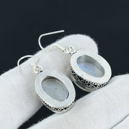 Rainbow Moonstone Gemstone Sterling Silver Earrings